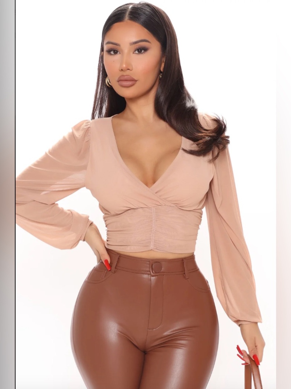 Fashion Nova Blush V-Neck Ruched Crop Top